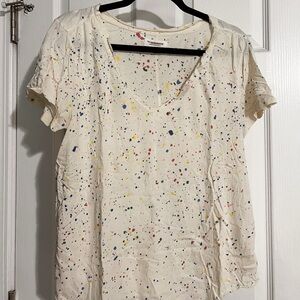 Anthropologie Cream Short Sleeve Tee with Multicolor Paint Splatter